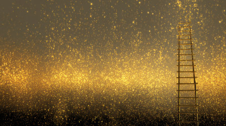 A beautifully crafted scene featuring a wooden ladder ascending into a dreamy, sparkling sky filled with golden dust, evoking feelings of exploration and wonder.の素材