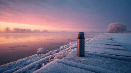 A serene winter landscape featuring a stainless steel thermos on a frosty dock with a stunning sunrise backdrop revealing vibrant colors.の素材