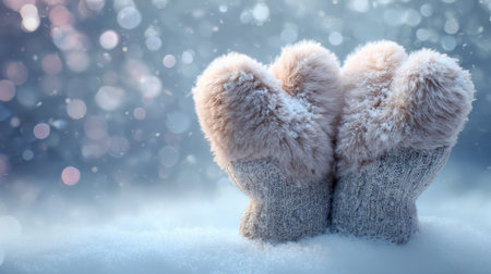 Cozy heart-shaped mittens rest gently on a blanket of snow, creating a warm and inviting winter scene filled with soft bokeh.の素材