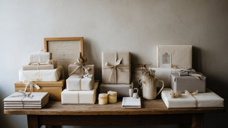 A serene arrangement of beautifully wrapped gifts in neutral tones on a wooden table, accented with dried flowers and soft decor, ideal for seasonal celebrations.の素材