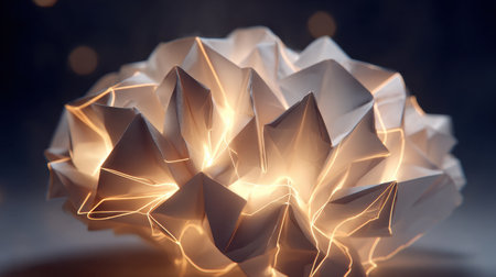 This captivating abstract representation features a crumpled paper structure illuminated by soft glowing light, set against a dark backdrop. The intricate details showcase creativity and innovation in design.の素材