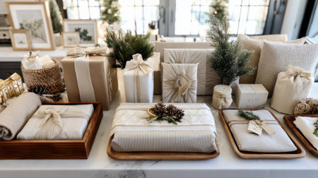 A beautifully arranged display of elegantly wrapped gifts featuring natural elements, perfect for holiday celebrations and creating a warm, inviting atmosphere.の素材