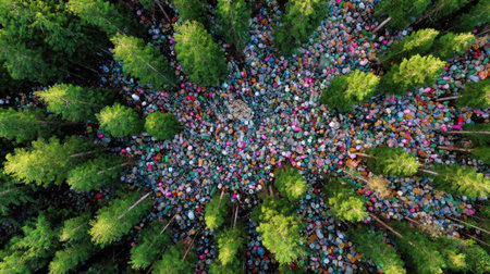 An aerial view of a vibrant crowd gathered amongst tall green trees in a forest setting, showcasing nature's beauty and community spirit.の素材