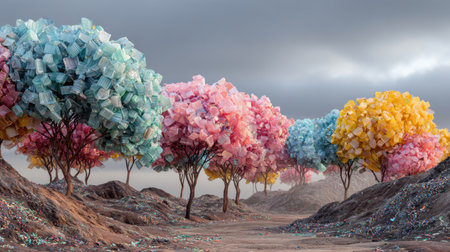 This imaginative landscape showcases colorful trees made of plastic, creating a striking visual impact in a surreal environment, promoting sustainability awareness.の素材