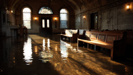 A dramatic scene of a flooded interior showcasing benches submerged in water, with soft rays of light illuminating the space, evoking a sense of stillness and decay.の素材