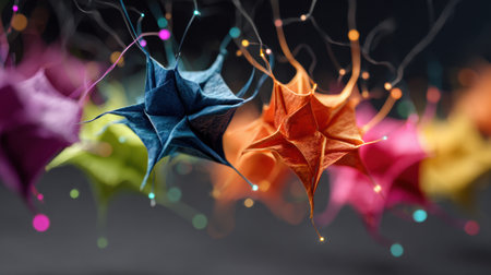 Colorful abstract shapes with vibrant particles float against a dark background, offering a captivating visual experience through dynamic design and striking colors.の素材