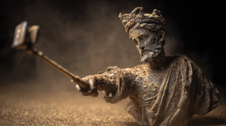 This intriguing image features an ancient king's statue humorously using a modern selfie stick, creating a fascinating blend of time periods.の素材