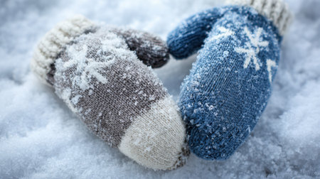 A heartwarming scene of cozy knitted mittens resting on fresh snow, capturing the essence of winter togetherness and seasonal warmth.の素材