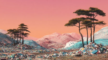 A striking surreal landscape featuring colorful waste, lush trees, and a vibrant sky at sunset. This imaginative scene highlights environmental themes.の素材