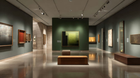 This image showcases a modern art gallery featuring abstract paintings on the walls, minimalist furniture, and subtle lighting. The serene atmosphere invites art enthusiasts and visitors to explore a world of creativity and artistic expression.の素材