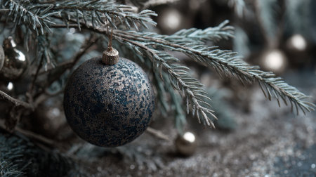 A close-up of a vintage blue Christmas ornament hanging gracefully from an evergreen branch. The soft sparkle of a glittering background creates a warm atmosphere perfect for the holiday season.の素材