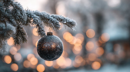 A stunning winter scene featuring a frosty pine branch with a glittering ornament, complemented by a soft bokeh background of warm lights.の素材