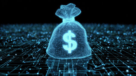 This captivating image features a holographic money bag with a dollar symbol, set against a vibrant glowing circuit board background, illustrating the intersection of finance and technology in a modern digital age.の素材