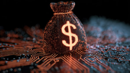 A striking image of a digital money bag with a glowing dollar sign, set against a detailed circuit board background, symbolizing finance and technology.の素材