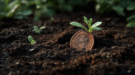 A small green plant emerges from dark soil alongside a coin, symbolizing the connection between financial investment and environmental growth.の素材