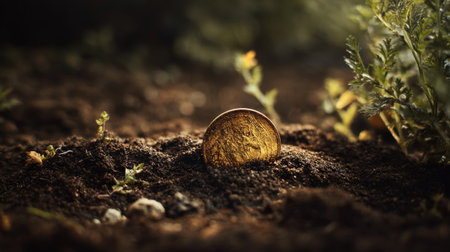 A golden coin rests partially buried in rich soil, illuminated by gentle sunlight. The scene captures the beauty of nature and the allure of hidden treasure.の素材