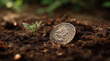 A small green plant emerges from dark, rich soil, symbolizing growth and potential, joined by a coin that represents investment and new opportunities.の素材