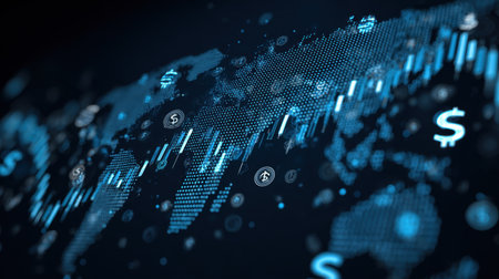 Explore an abstract representation of global financial markets showcasing data trends, currency symbols, and analytical charts in a digital landscape.の素材