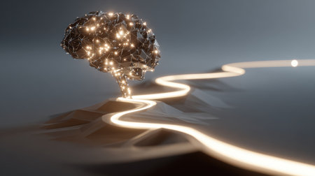 An abstract image of a brain constructed with glowing lights on a winding path, symbolizing the journey of knowledge and innovation.の素材