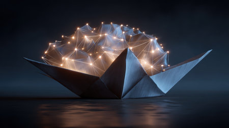 This captivating image showcases a delicate origami piece illuminated by soft lights, symbolizing creativity and connectivity in a serene environment.の素材