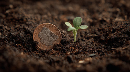 A young seedling breaks through rich, dark soil next to a bronze coin, symbolizing growth, nature, and the potential of new life.の素材
