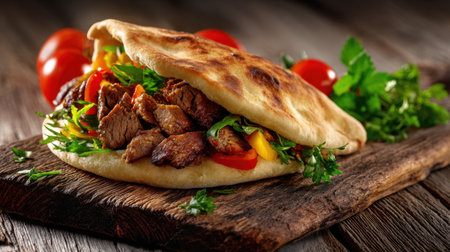 This image showcases a delicious grilled meat sandwich filled with fresh vegetables and herbs, placed on a rustic wooden surface. Perfect for any meal.の素材