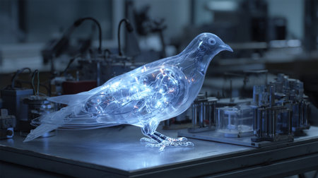 A captivating, futuristic bird sculpture made of transparent material, showcasing intricate circuitry and illumination in a high-tech laboratory environment.の素材