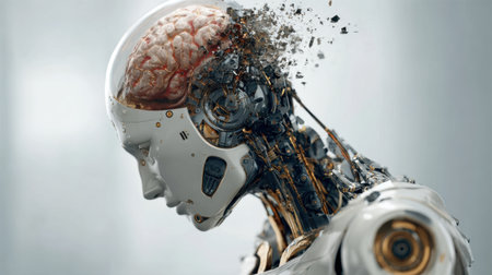 This image features a futuristic humanoid robot with intricate mechanical components and an exposed brain, capturing the merging of technology and humanity.の素材