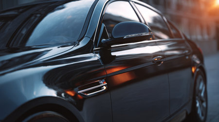 This image captures a sleek black car parked on a city street, showcasing stunning reflections and warm sunset light, perfect for automotive and urban themes.の素材