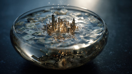 This captivating image showcases a floating cityscape within a glass bowl filled with money, creating a surreal and imaginative finance concept.の素材