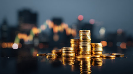 A stunning close-up of stacks of gold coins reflecting city lights at night, with blurred stock market trends in the background. Ideal for finance themes.の素材