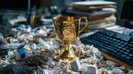 A stunning golden trophy stands out against a chaotic desk filled with crumpled papers, highlighting a creative workspace brimming with ideas.の素材