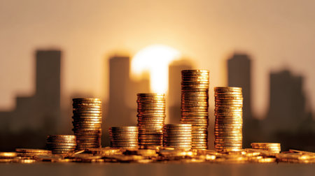 This captivating image features a stack of golden coins illuminated by a sunset, with an urban skyline silhouette in the background, symbolizing wealth and investment potential.の素材