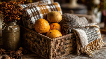A beautifully arranged cozy still life featuring oranges and warm textiles in a rustic basket, creating an inviting autumn atmosphere perfect for home decor.の素材