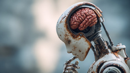 A striking close-up of a futuristic robot with an exposed brain, symbolizing the intersection of technology and humanity, showcasing intricate design and emotion.の素材