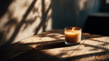 A serene candle glows in a glass holder on a rustic wooden table, casting gentle shadows that enhance the warm ambiance, perfect for cozy settings.の素材