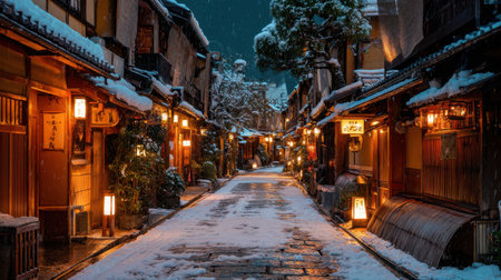 A charming winter street scene captures the essence of a historic town blanketed in snow, illuminated by warm lanterns, creating a magical nighttime atmosphere.の素材