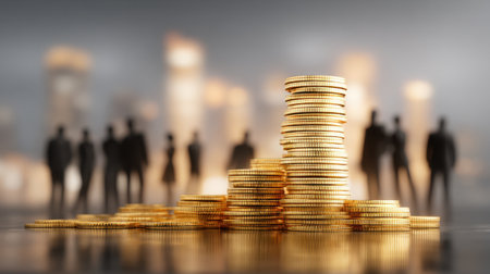 A striking image showing stacks of golden coins in focus, while blurred silhouettes of business professionals create a dynamic backdrop, symbolizing wealth.の素材