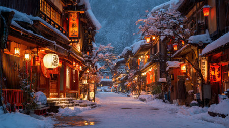 Experience the enchanting beauty of a traditional Japanese town blanketed in snow, illuminated by glowing lanterns and serene evening charm.の素材