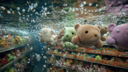Adorable plush teddy bears float gently underwater, surrounded by colorful bubbles in a vibrant toy store, creating a whimsical scene.の素材