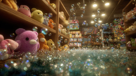 Discover a whimsical toy store interior filled with colorful plush animals, bubbles floating in the air, and a sparkling, glittery floor.の素材