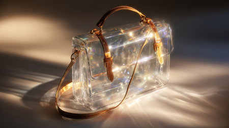 This captivating transparent handbag features exquisite leather accents, beautifully reflecting light in a serene setting, perfect for fashion enthusiasts.の素材