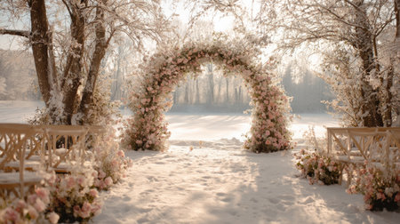 Experience the serene beauty of a winter wedding with a stunning floral archway, surrounded by snow-covered trees and soft sunlight.の素材