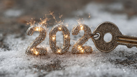 Celebrate the arrival of the new year with this stunning image featuring sparkling 2022 numbers and a key resting on a snowy surface.の素材