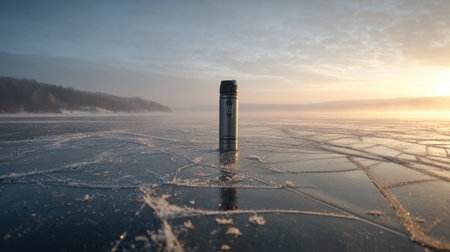 A solitary thermos stands on a frozen lake during a serene winter morning. This captivating scene showcases the beauty of cold landscapes, with frost patterns and a glowing sunrise. Perfect for evoking feelings of adventure and tranquility in nature.の素材