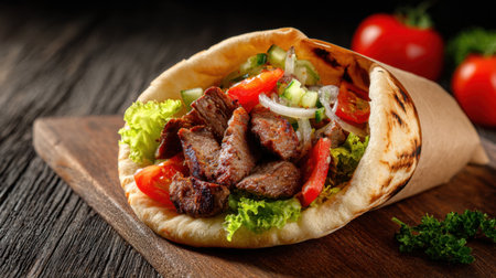 A mouthwatering wrap filled with perfectly grilled meat, crisp lettuce, ripe tomatoes, and fresh onions, displayed on a rustic wooden table.の素材