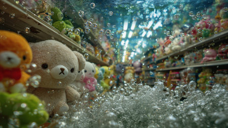 An enchanting underwater scene featuring colorful plush toys and bubbles, creating a whimsical atmosphere in a shopping aisle.の素材