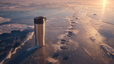 A serene winter landscape featuring a metal travel mug resting on a frozen water surface, with clear footprints leading away, reflecting sunlight.の素材