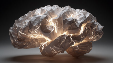 This artwork features a crumpled paper brain model illuminated by electric light, symbolizing creativity and innovation in design. Its unique texture captures attention and inspires thought.の素材