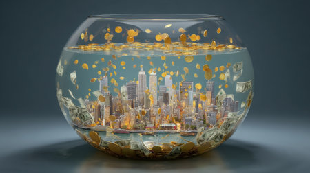This artistic representation shows a fishbowl filled with a cityscape and floating coins, symbolizing financial growth and economic prosperity.の素材